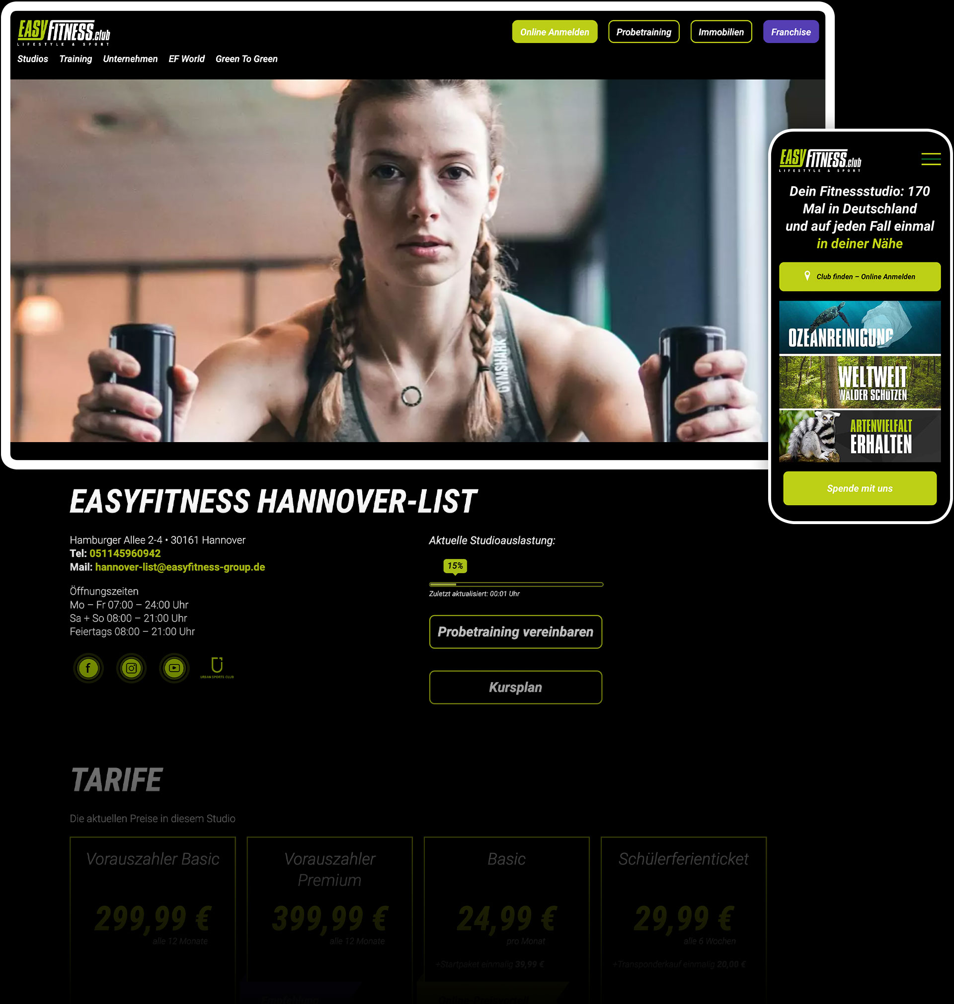 Startseite der EasyFitness-Website auf Desktop und Smartphone
